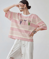 Ice Cream Embroidery Border Short Sleeve Knit Top