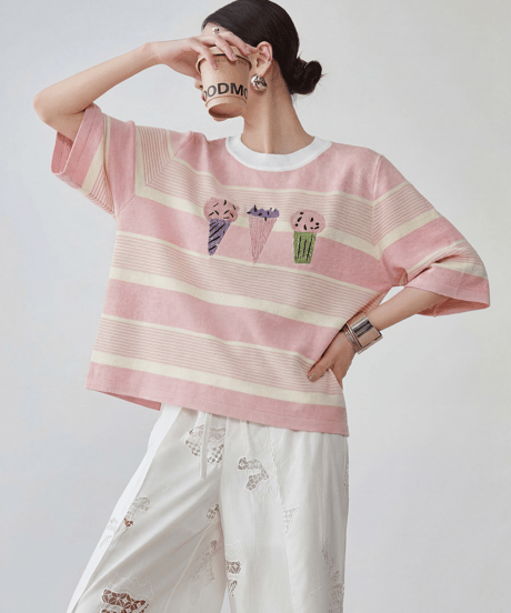 Ice Cream Embroidery Border Short Sleeve Knit Top