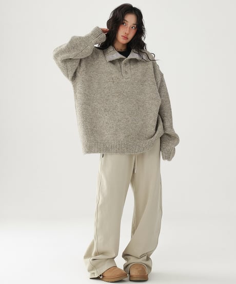 High Neck Half Button Cable Knit Sweater  / 2colors
