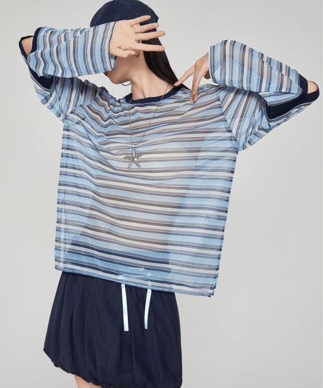 Striped Sheer Cutout Long Sleeve Top