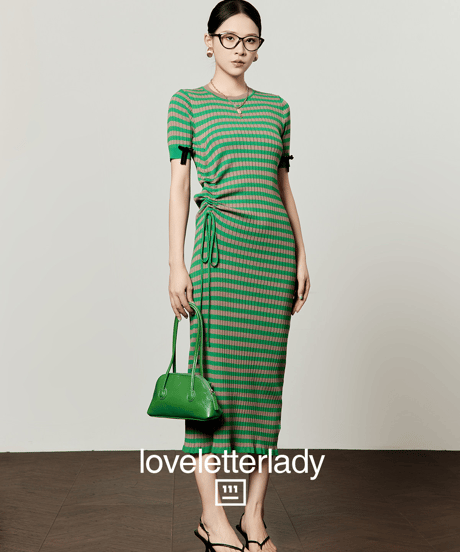 Striped Ribbon Sleeve Drawstring Knit Dress
