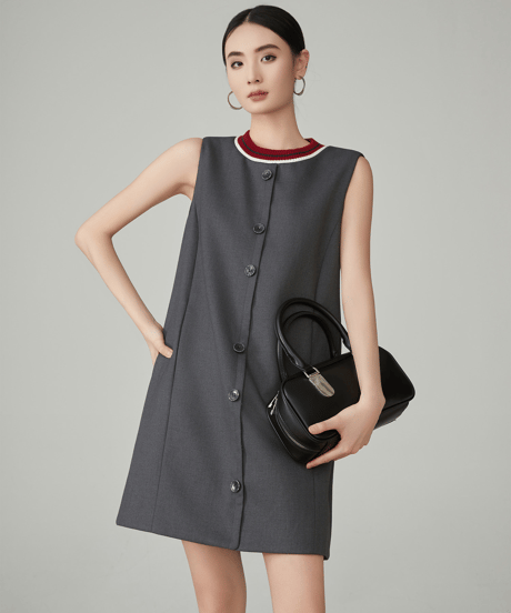 Rib Neck Front Button Sleeveless Mini Dress