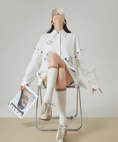 Doodle Embroidery Oversized Button-Shirt