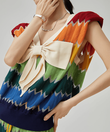 Rainbow Wave Crochet Knit Bow Vest & Shorts Set
