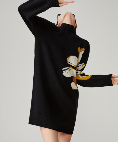 Big Flower Jacquard High Neck Knit Dress