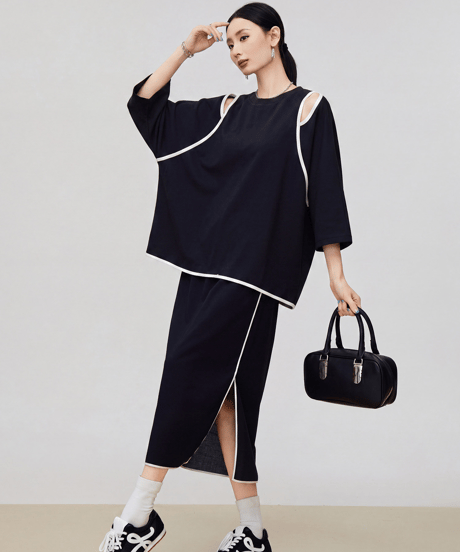 Open Shoulder Piping Tops & Slit Long Skirt
