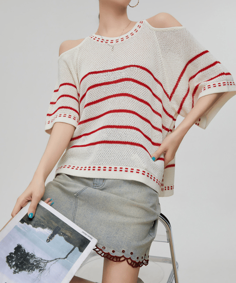Cold Shoulder Border Open-Work Knit Top