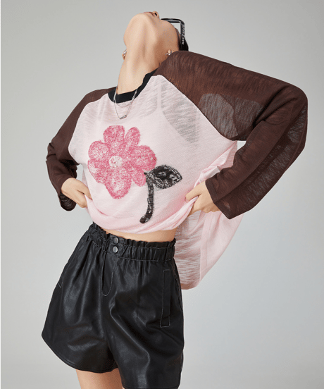Flower Graphic Sheer Raglan Long Sleeve Tee  / 2colors