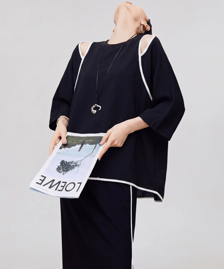 Open Shoulder Piping Tops & Slit Long Skirt