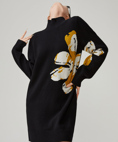 Big Flower Jacquard High Neck Knit Dress