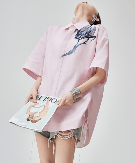 Flower Graphic Drawstring Oversized Short Sleeve Shirt