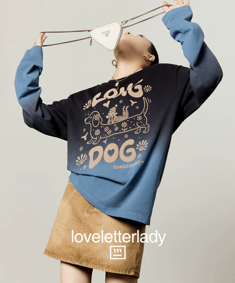 Vintage Gradient Long Dog Printed Long Sleeve T-Shirt