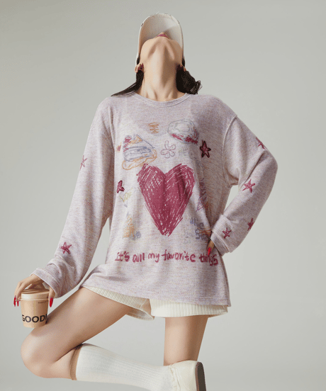 Heart Graphic Doodle Oversized Long Sleeve T-shirt