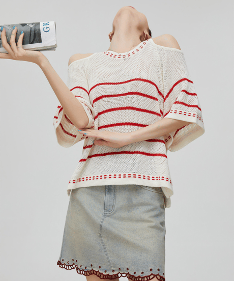 Cold Shoulder Border Open-Work Knit Top