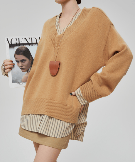 Striped Shirt Layered V-Neck Knit Pullover