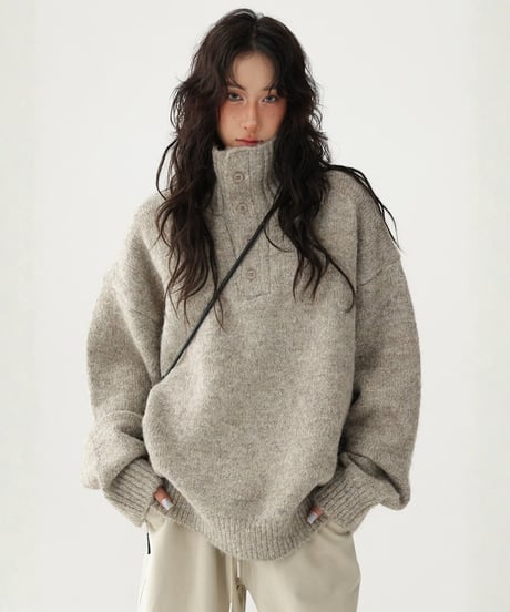 High Neck Half Button Cable Knit Sweater  / 2colors