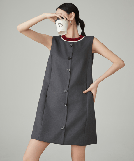 Rib Neck Front Button Sleeveless Mini Dress