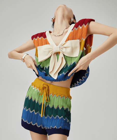 Rainbow Wave Crochet Knit Bow Vest & Shorts Set