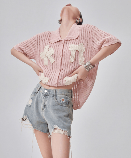 Lace Bow Accent Short Sleeve Knit Polo Cardigan