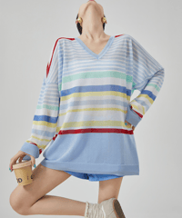 Rainbow Stripe V-Neck Sheer Knit Pullover