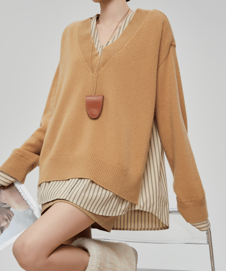 Striped Shirt Layered V-Neck Knit Pullover