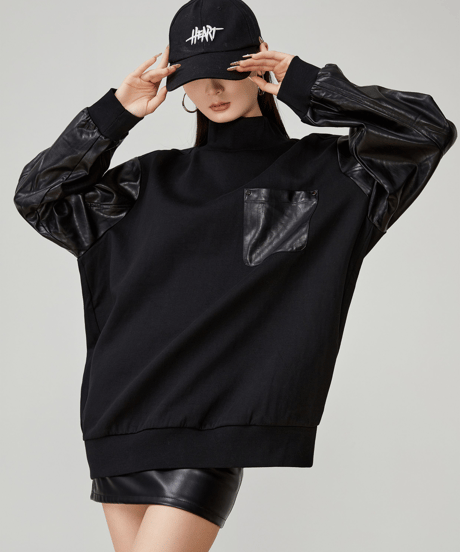 Leather Sleeves High Neck Oversized Sweatshirt