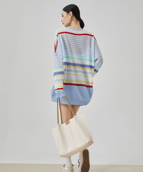 Rainbow Stripe V-Neck Sheer Knit Pullover