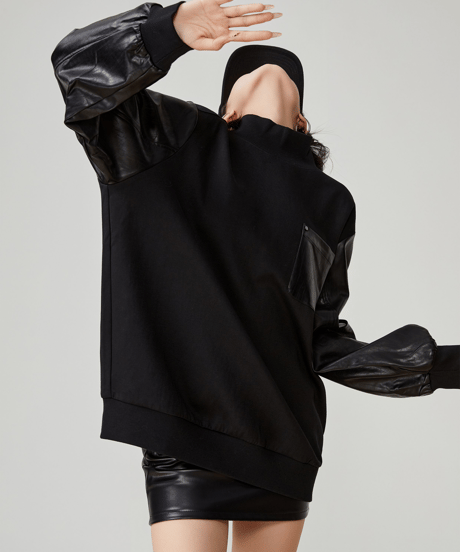 Leather Sleeves High Neck Oversized Sweatshirt