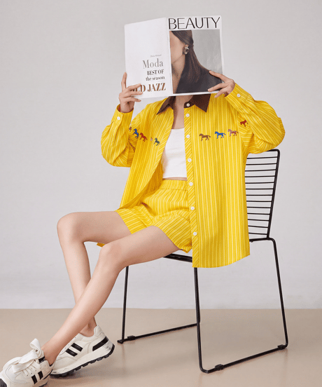 Horse Embroidery Striped Shirt & Shorts Set