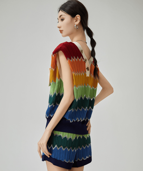 Rainbow Wave Crochet Knit Bow Vest & Shorts Set