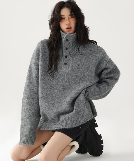 High Neck Half Button Cable Knit Sweater  / 2colors
