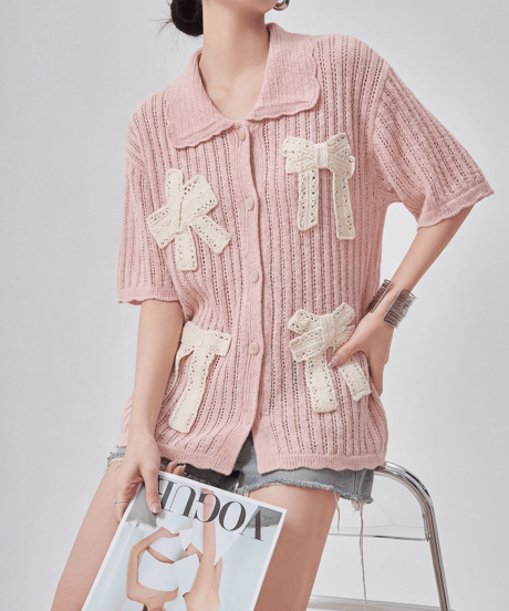 Lace Bow Accent Short Sleeve Knit Polo Cardigan