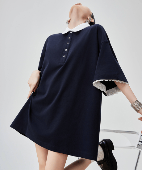 Lace Collar Loose Fit Polo Dress