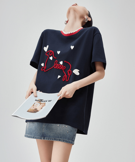 Heart Embroidery Contrast Neck Short Sleeve T-Shirt
