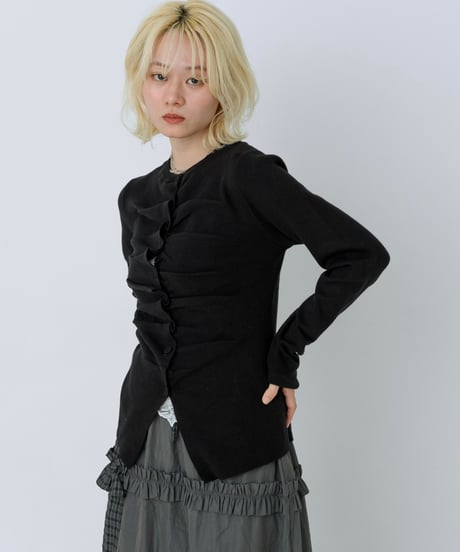 Front gather button cardigan (Black)