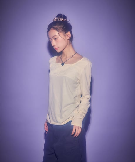 Lace panel square neck top (Ivory)
