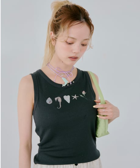 Shell Print Rib Tank Top（Black）
