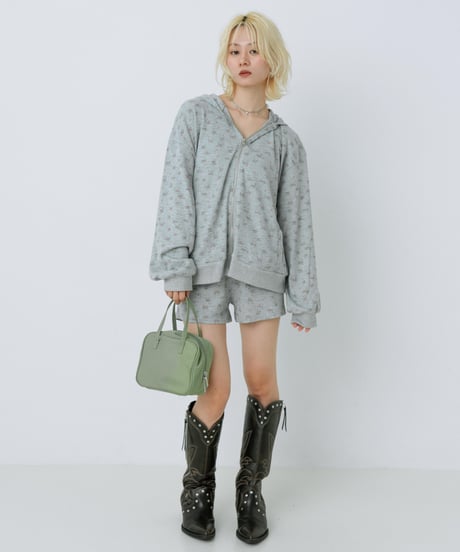 Floral print zip-up hoodie(Gray)