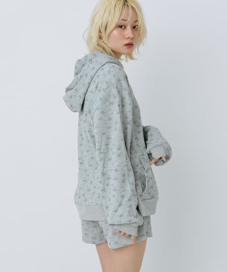 Floral print zip-up hoodie(Gray)