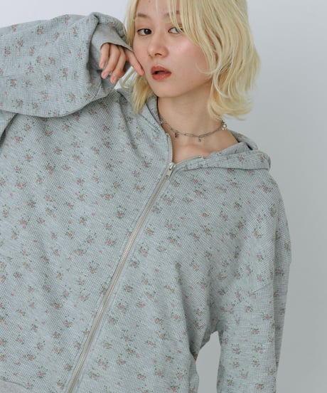 Floral print zip-up hoodie(Gray)