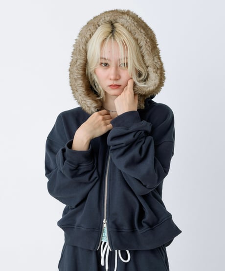 Fur hood double zip hoodie (Navy)