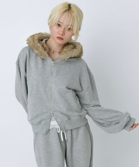 Fur hood double zip hoodie (Gray)