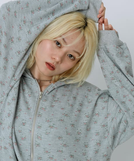 Floral print zip-up hoodie(Gray)