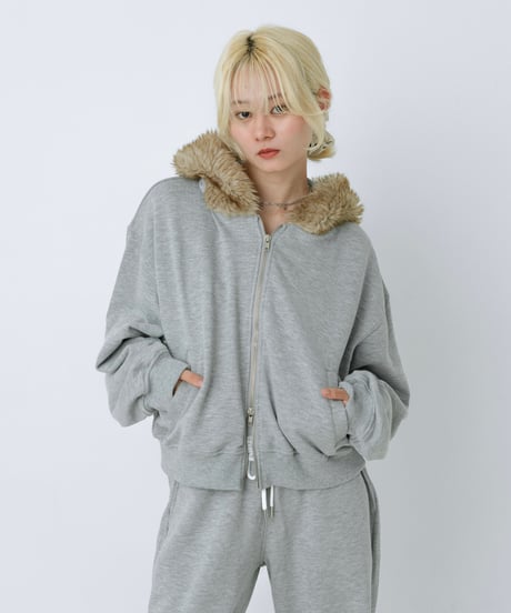 Fur hood double zip hoodie (Gray)