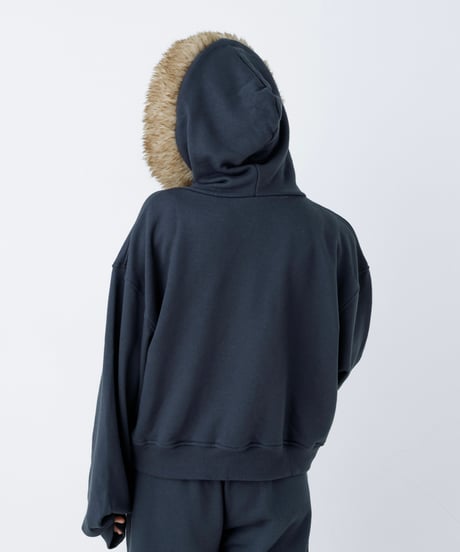 Fur hood double zip hoodie (Navy)