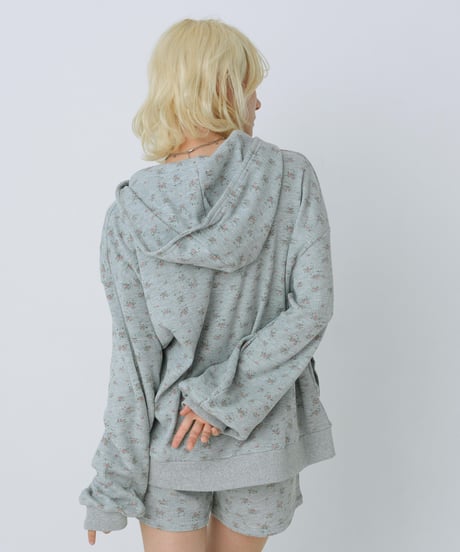 Floral print zip-up hoodie(Gray)