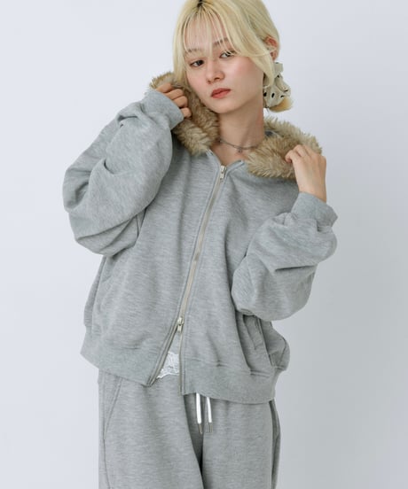 Fur hood double zip hoodie (Gray)