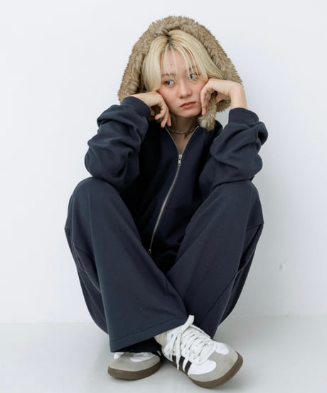 Fur hood double zip hoodie (Navy)