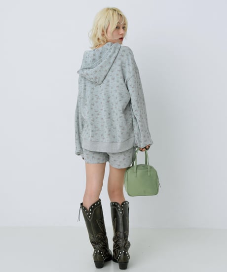Floral print zip-up hoodie(Gray)