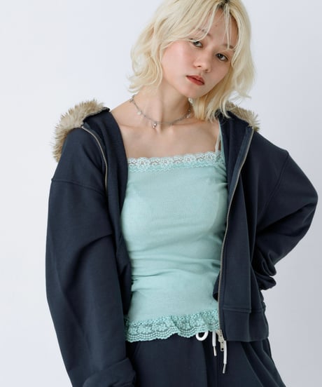 Fur hood double zip hoodie (Navy)
